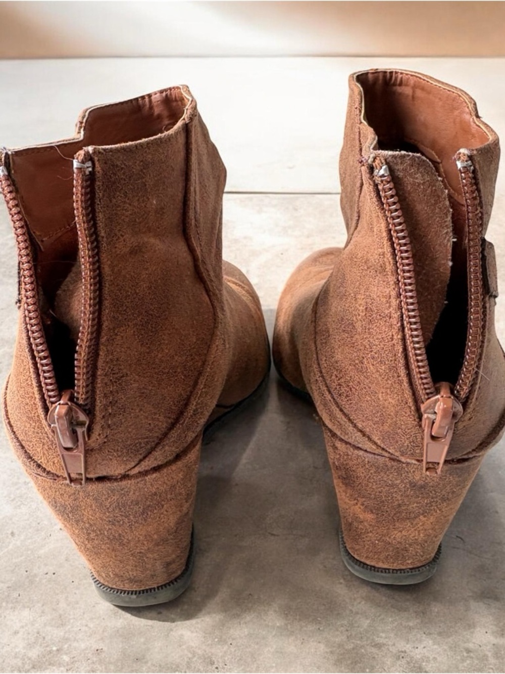 Maurices Tan Suede Rear-Zip Chunky Heel Ankle Booties